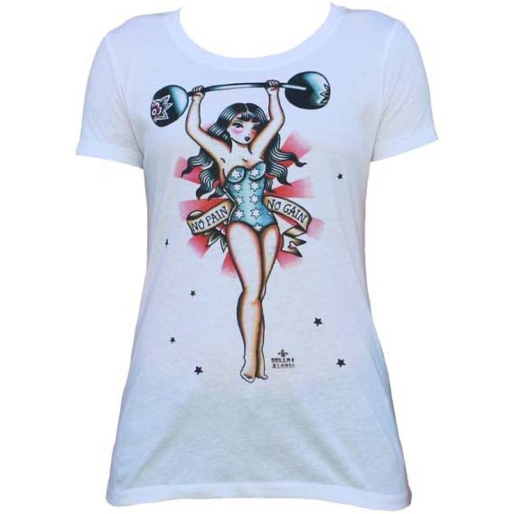 No Pain No Gain Women's White Pinup Art Tee S-M-L-XL-2XL NWT